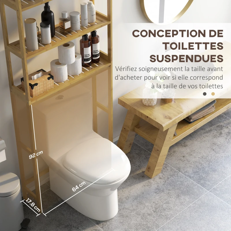 kleankin Meuble étagères de rangement dessus toilette WC en bambou 3 étagères pour salle de bain 68 x 20 x 165 cm naturel