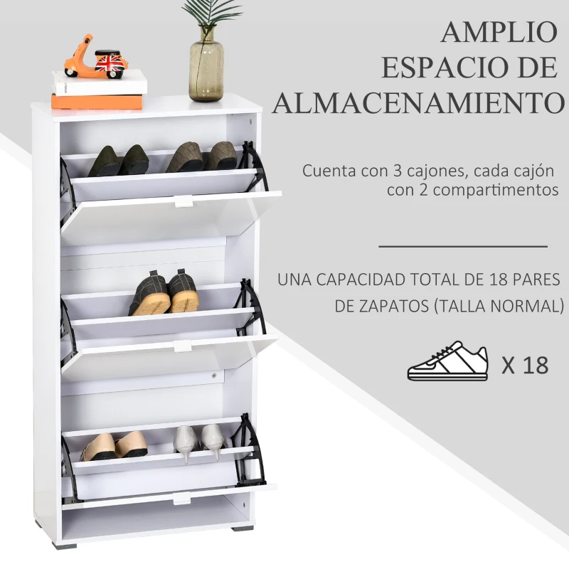 HOMCOM Armario de Zapatos Zapatero Moderno con 3 Cajones Capacidad de 18 Pares de Zapatos para Pasillo 60x26x124 cm Blanco