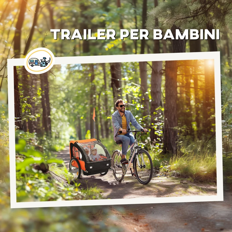 HOMCOM Rimorchio Bici Bambini con 2 Posti, 2 Cinture di Sicurezza, Telaio in Acciaio e Copertura in Tessuto Oxford Arancione