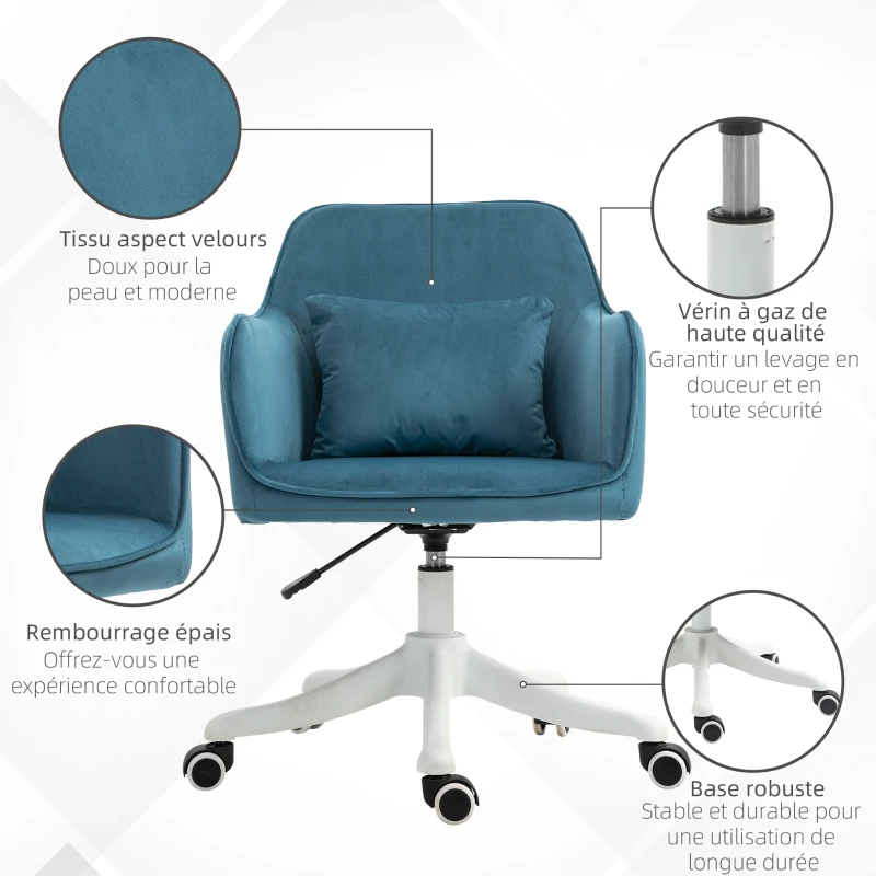 HOMCOM Chaise de bureau velours fauteuil bureau massant coussin lombaire intégré hauteur réglable pivotante 360° bleu