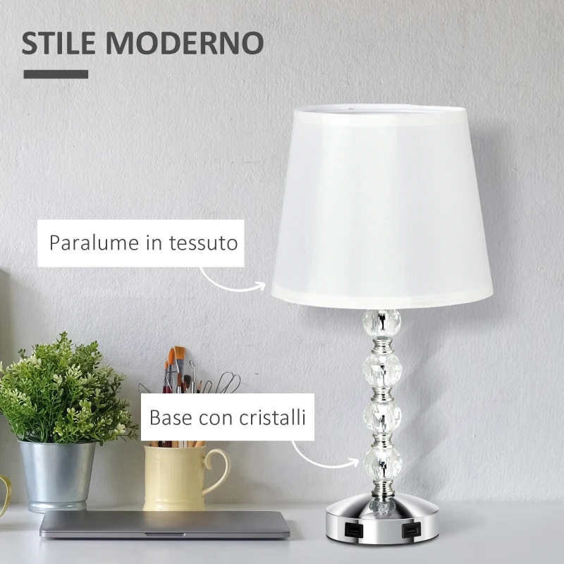 HOMCOM Lampada da Tavolo con Cristalli e 2 Prese USB, Interruttore Touch e Attacco E27, Ф23x45cm, Bianco e Argento