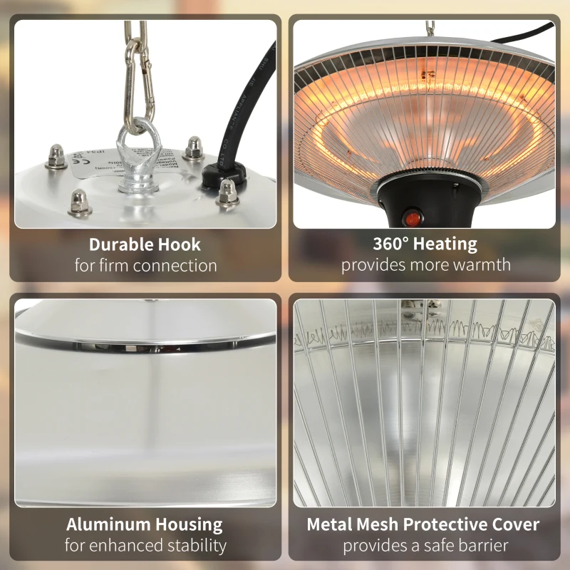 Outsunny 1500W Patio Heater Outdoor Ceiling Mounted Aluminium Halogen Electric Hanging Heating Light with Remote Control and 3 Heat Settings, Silver