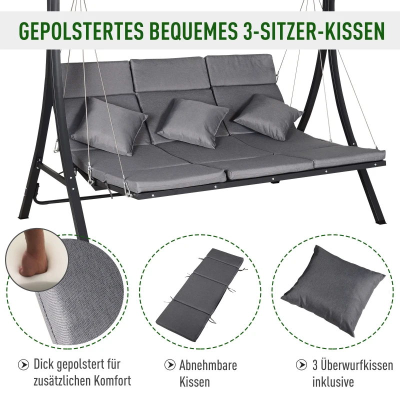 Outsunny Hollywoodschaukel 3-Sitzer-Hollywoodschaukel, inkl. Kissen, wetterbeständig, 200 cm x 115 cm x 168 cm, Grau