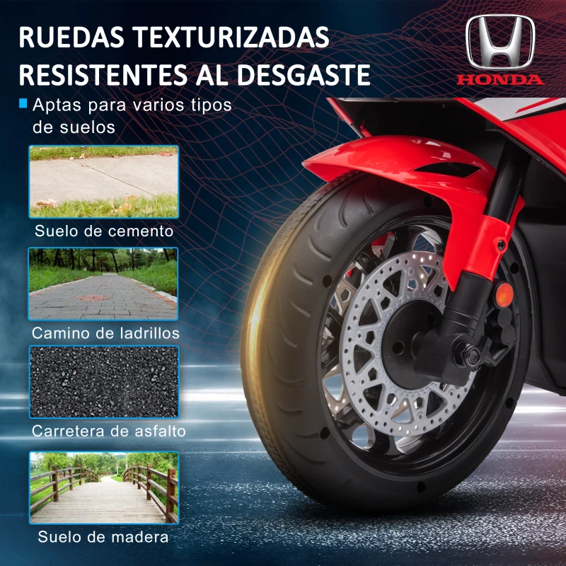HOMCOM Moto Eléctrica con Licencia HONDA para 3-5 Años con Faros Bocina Música y Ruedas Auxiliares 90x44x52 cm Rojo