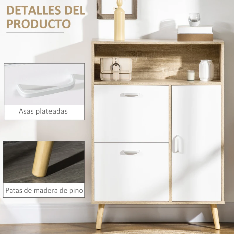 HOMCOM Mueble Zapatero para 8 Pares de Calzado con 2 Cajones Abatibles Armario y Balda 80x25,5x112,5 cm Natural y Blanco