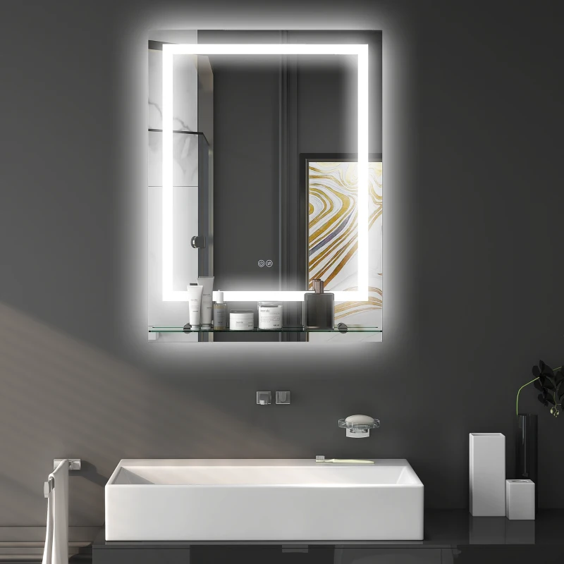 kleankin LED Bathroom Mirror with Lights and Shelf, Illuminated Makeup Mirror, Vanity Mirror with 3 Colour, Smart Touch, Anti-Fog