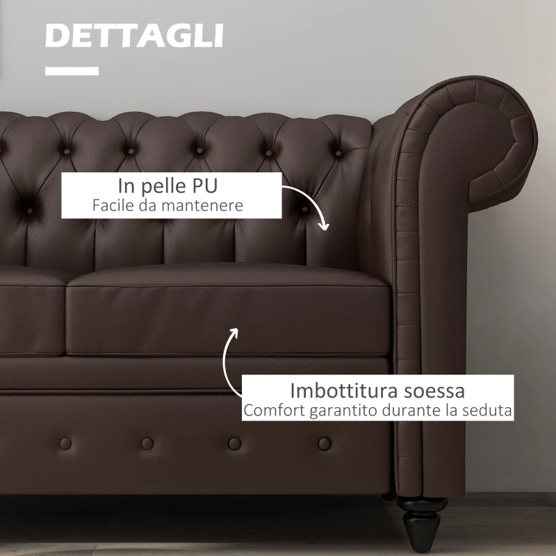 HOMCOM Divano 2 Posti stile Chesterfield con Cuscino Rimovibile, in Ecopelle, Legno e Metallo, 160x84x80 cm, Marrone