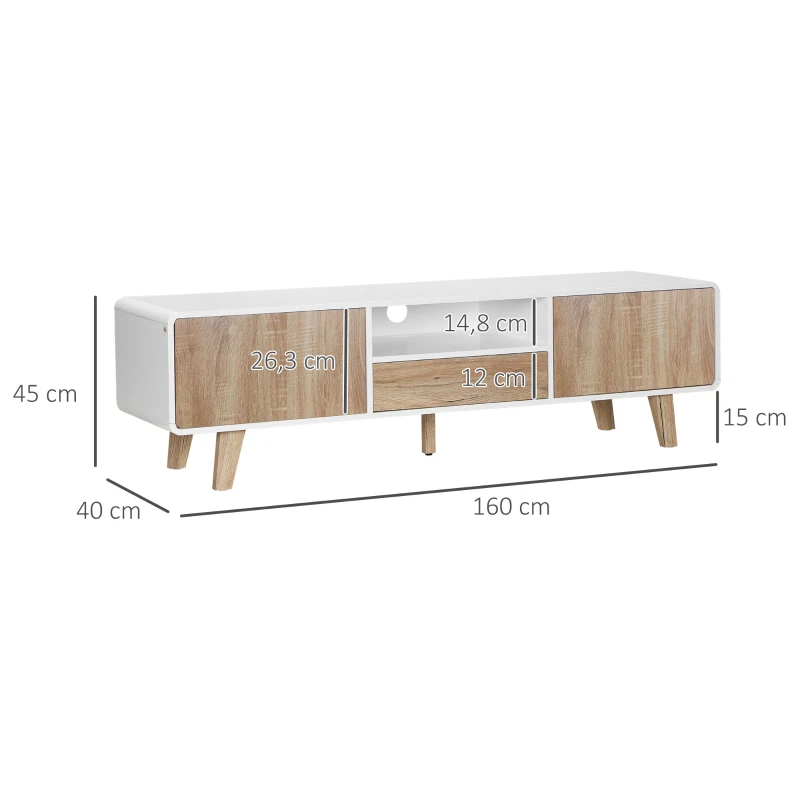 HOMCOM Meuble TV Bas sur Pied Style scandinave 2 Portes Niche tiroir MDF Blanc Aspect chêne Clair