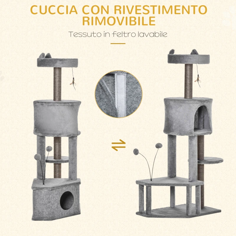 PawHut Albero Tiragraffi per Gatti 4.5kg con Pali in Sisal e Rivestimento in Peluche, Altezza 133cm - Grigio