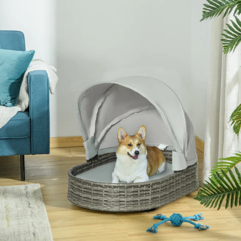 PawHut Wicker Covered Dog Bed with Canopy Outdoor Pet Sofa with Cushion Waterproof for Small Medium Dogs, Grey