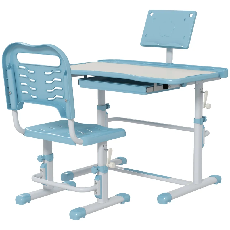 ZONEKIZ Pupitre Infantil Ajustable con 1 Cajón 1 Estante para Libros y Ángulo de Mesa Ajustable 80x49,5x82-104 cm Azul y Blanco