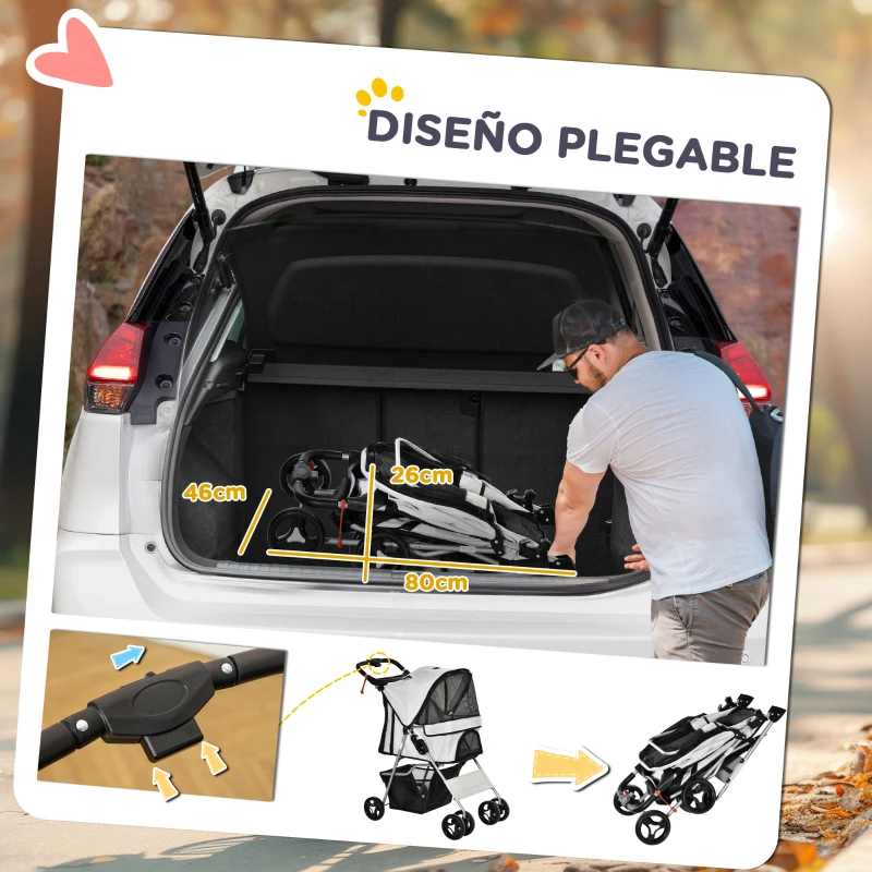 PawHut Carrito para Perros con Toldo Ajustable Cesta de Almacenaje y Ruedas con Freno Tela Oxford 75x46x94 cm Gris