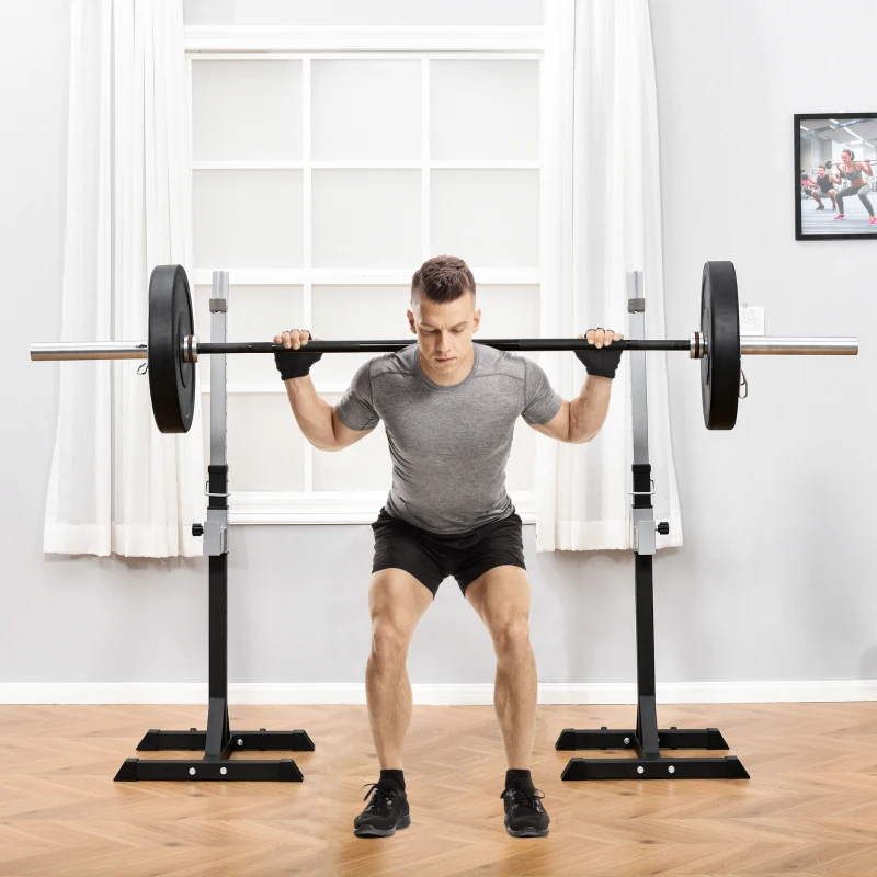 HOMCOM Barbell Squat Rack Adjustable Weight Lifting Bench Max Load 150kg Gym Fitness Strength Training Push up Dip Stand with Wheels