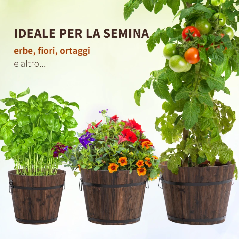 Outsunny Set di 3 Vasi Secchielli per Piante Fiori , Set Vasi da Esterno in Legno di Diverse Dimensioni