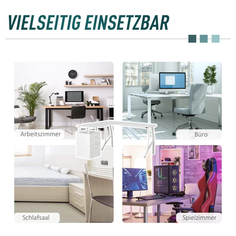 HOMCOM L-förmiger Schreibtisch mit Schubladen aus der Material MDF Metall Home-Office-Ecke Arbeitsplatz Industriestil, Weiß 152 x 143,5 x 76 cm