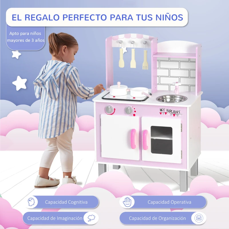HOMCOM Cocinita de Juguete de Madera para Niños +3 Años 55x30x80 cm con Función de Sonido Armario Ganchos 5 Accesorios Incluidos Cocina Infantil Educativo Rosa