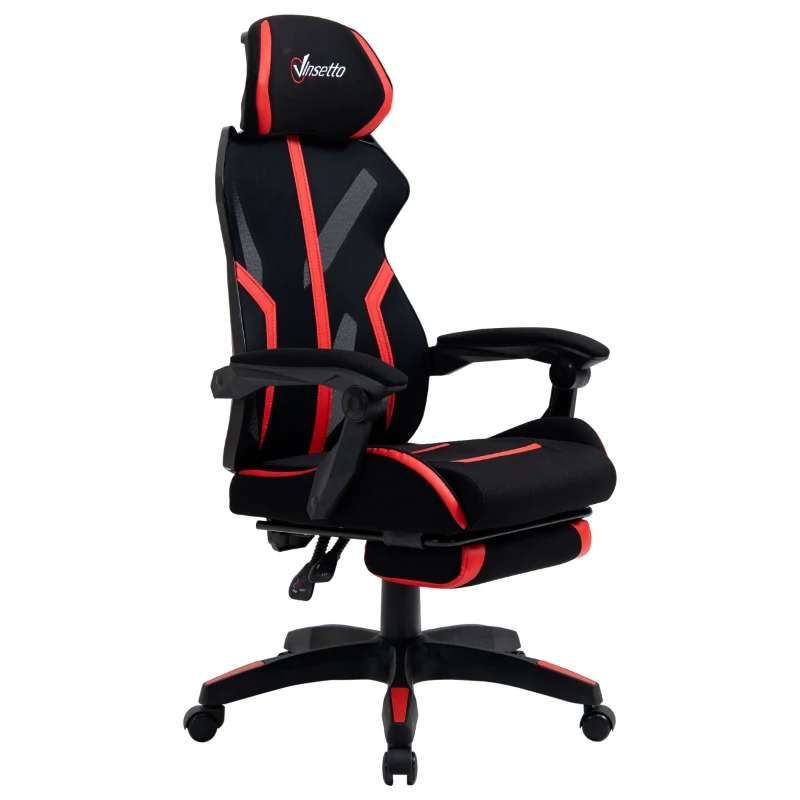 Vinsetto Silla Gaming con Reposapiés Retráctil Silla de Oficina Giratoria Reclinable con Reposacabezas y Altura Ajustable 65x65x119-129 cm Negro y Rojo