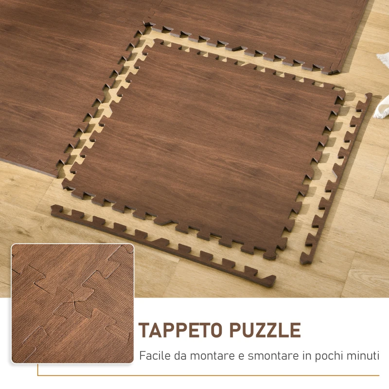HOMCOM Tappeto Puzzle Morbido in EVA Antiscivolo con Effetto Legno, 9 Pezzi e 18 Bordi, per Fitness e Cameretta, Area coperta 3.24m²