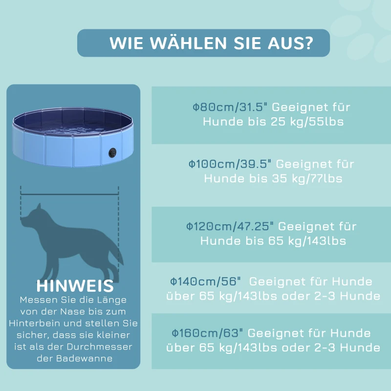 PawHut Hundebadewanne faltbar Badewanne Hundepool Plantschbecken Swimmingpool Wasserbecken für Hunde und Katzen Schwimmbecken Kunststoff+Holz Blau Ø80 x H20 cm