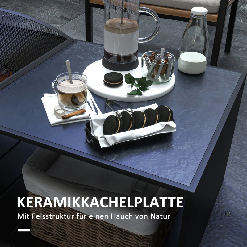Outsunny 2 in1 Feuerschale, Tischplatte mit Keramikfliesen, Schürhaken, rostfrei, 101 x 51 x 56 cm, Schwarz(m-5)