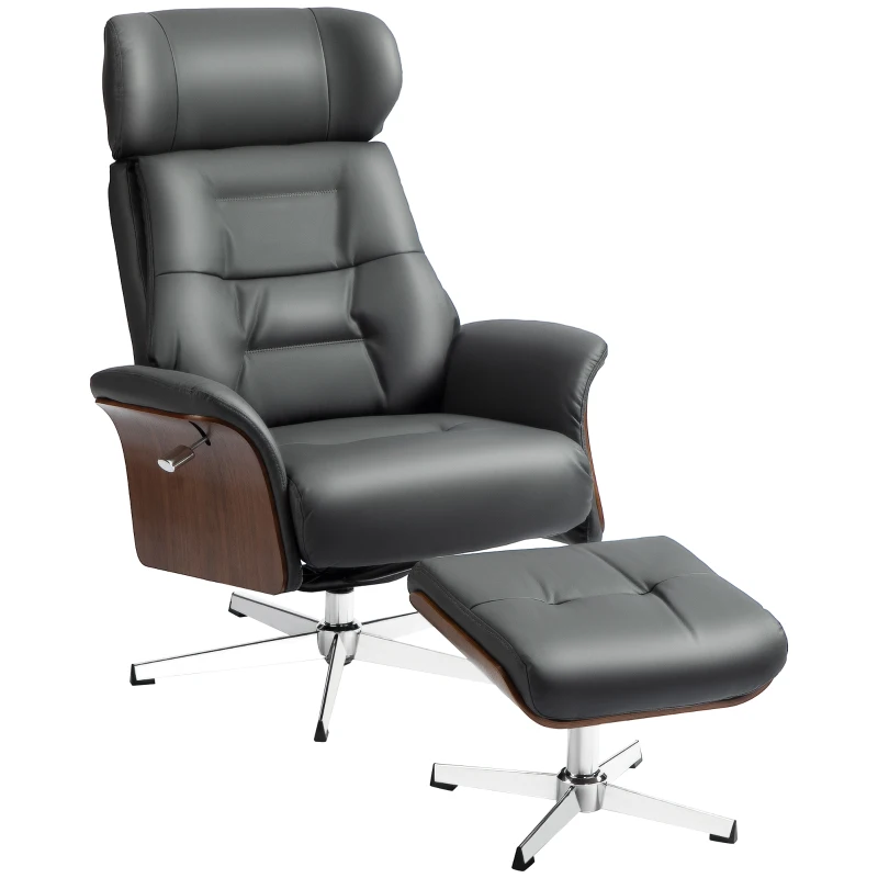 HOMCOM Relaxsessel mit Hocker, Liegefunktion, drehbar, Lederoptik, bis 150 kg, Dunkelgrau