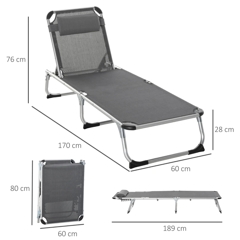 Outsunny Foldable Outdoor Sun Loungers Set of 2, Reclining Lounge Chair Camping Bed Cot with Pillow 4-Level Adjustable Back Aluminium Frame, Grey