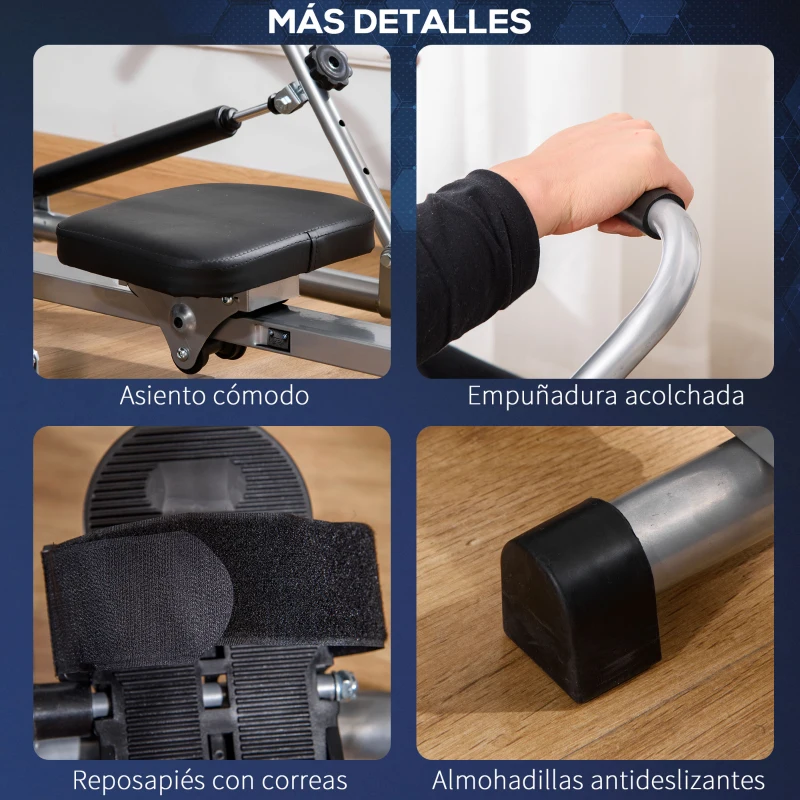 HOMCOM Máquina de Remo Hidráulico Plegable con 3 Niveles de Resistencia Monitor Digital y Pedal Antideslizante para Fitness en Casa Acero 129x70x70 cm Negro y Plata