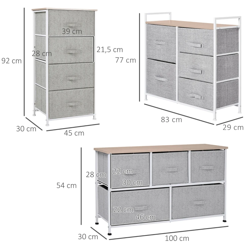 HOMCOM Lot de 3 commodes en tissu meuble de rangement chiffonnier 14 tiroirs non-tissés gris structure acier blanc plateau