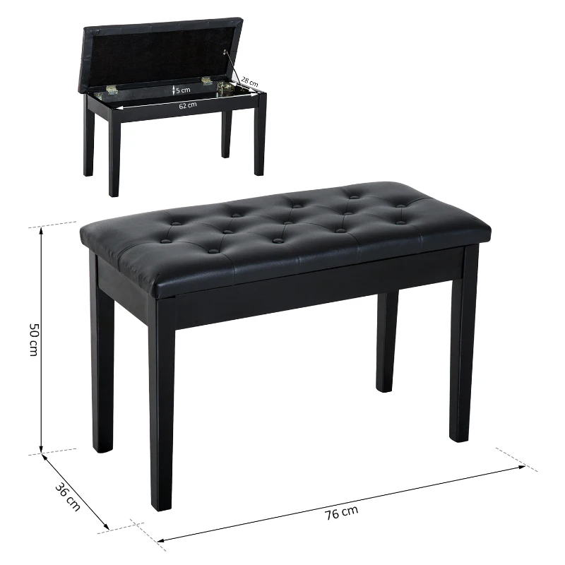 HOMCOM Sgabello Pianoforte Professionale con Vano Portaoggetti Finta Pelle, Legno 76 x 36 x 50cm Nero Sgabello Panchetta Panchina Sedia per Pianoforte con vano portaoggetti