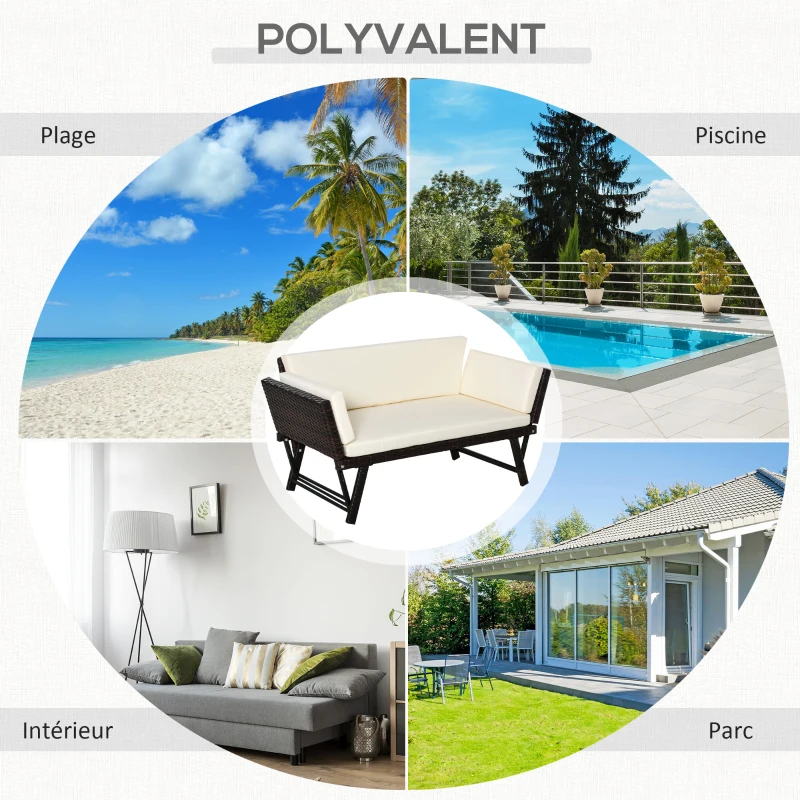 Outsunny Canapé lit de jardin extensible 3 places grand confort 4 coussins écru inclus résine tressée imitation rotin chocolat
