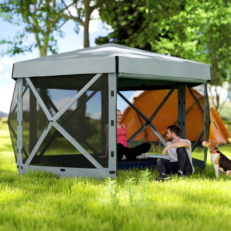 Outsunny 3 x 3(m) Hexagon Pop Up Gazebo with 5 Sides and Carry Bag, Waterproof, UV Resistant Party Tent Instant Event Shelter with Netting for Garden, Patio, Light Grey