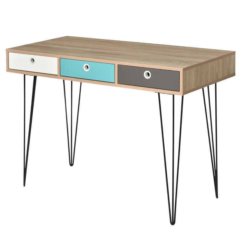 HOMCOM Scrivania Moderna con 3 Cassetti Multicolore in Legno e Metallo, Scrivania per Camera e Ufficio in Stile Nordico, 110x50x77.5cm