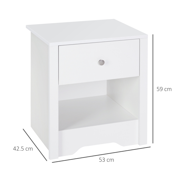 HOMCOM Bedside Table, Nightstand with Drawer and Open Shelf, End Table for Living room, Bedroom, Set of 2, White
