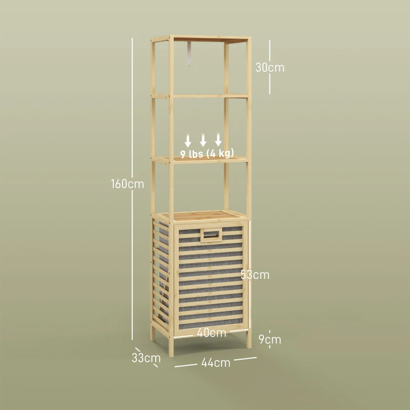 HOMCOM Colonna Bagno con 3 Ripiani in Legno di Bambù e Cesto Portabiancheria in Tessuto, 44x33x160cm