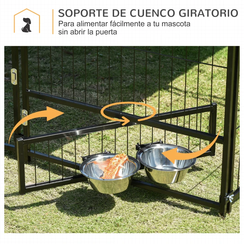 PawHut Perrera con Toldo y Soporte Giratorio para Comida 2 Cuencos Incluidos 141x141x151 cm Negro(m-6)