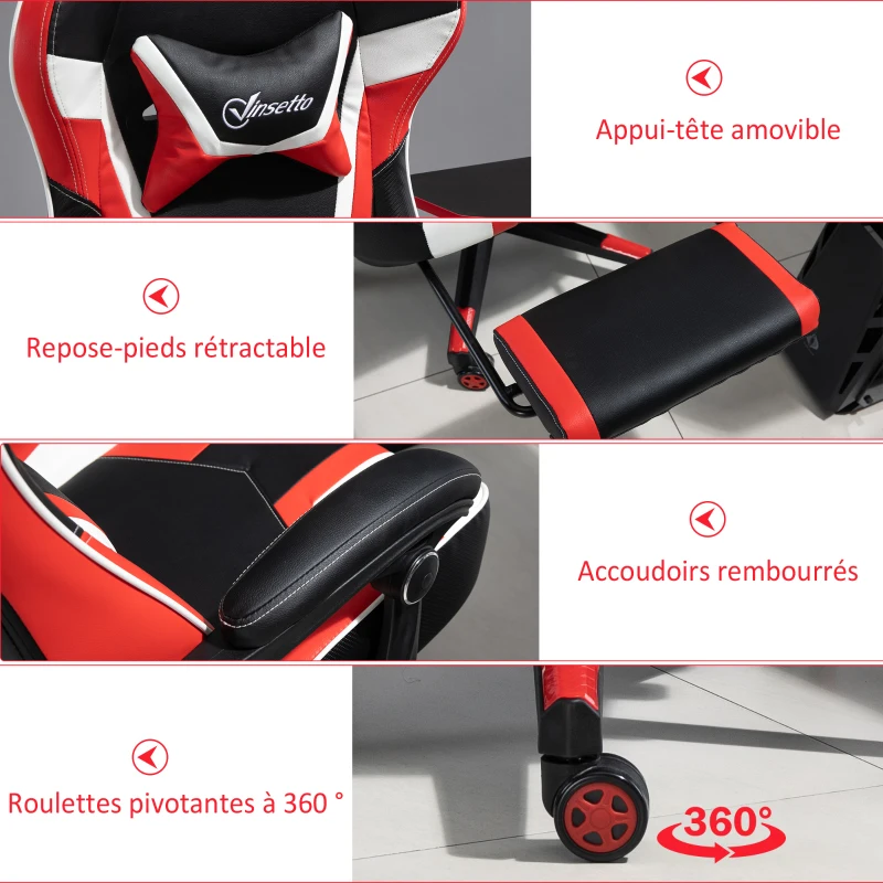 Vinsetto Fauteuil de bureau gaming massant - pivotant, inclinable, réglable - coussin lombaire, tétière, repose-pieds inclus - PVC rouge blanc noir