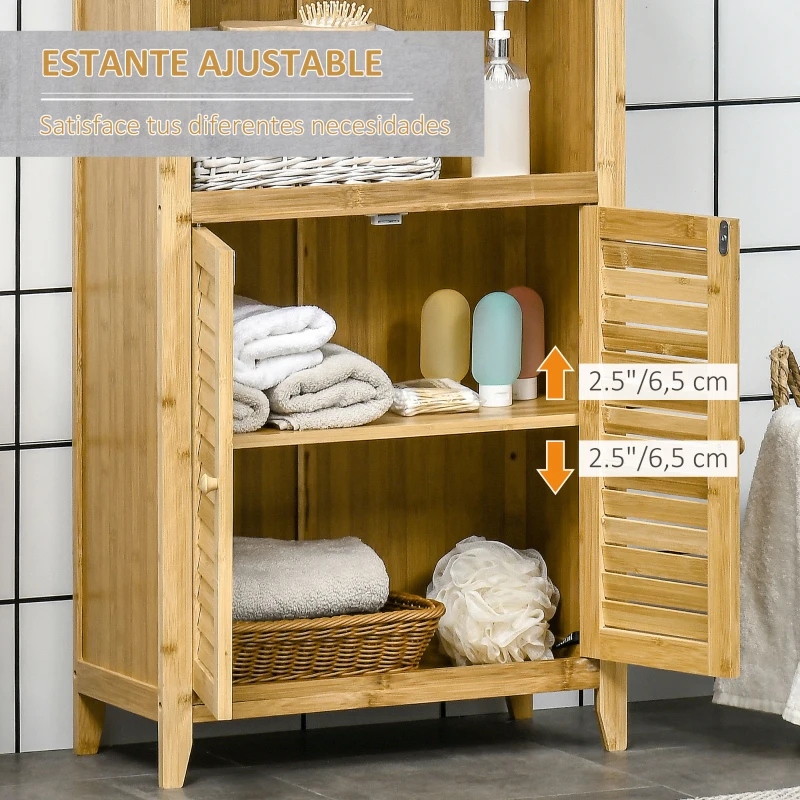 HOMCOM Armario Auxiliar de Baño de Bambú con 2 Puertas Compartimiento Abierto y Estante Ajustable 50x25,5x92 cm Natural