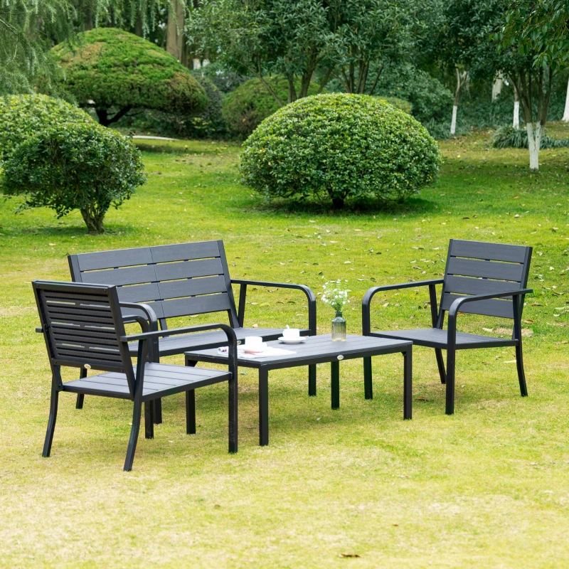 Outsunny Set Salotto da Giardino da 4 Pezzi con Panchina a 2 Posti, 2 Poltrone e Tavolino, Grigio Scuro