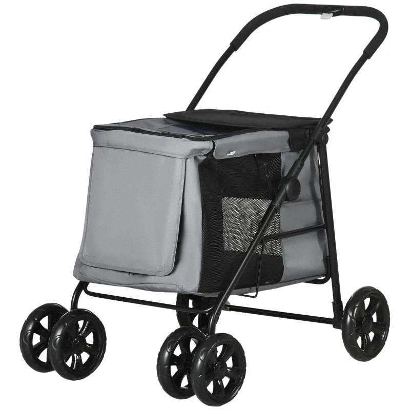 PawHut Dog Pram Dog Stroller 4 Wheels Pet Pushchair with Rolling Door, Cushion, Safety Leashes, for Small and Medium Breeds, Grey
