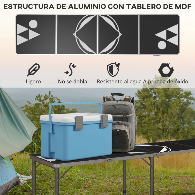 Outsunny Mesa de Beer Pong Mesa de Picnic Plegable con Altura Ajustable y Patas de Aluminio 240x60x54-70 cm Negro y Plata