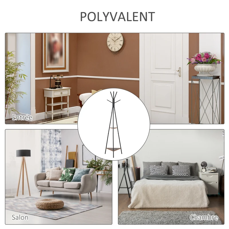 HOMCOM Porte-manteau trépied style industriel branches 2 étagères + 6 patères dim. 52L x 46l x 182H cm métal noir panneaux particules boisés