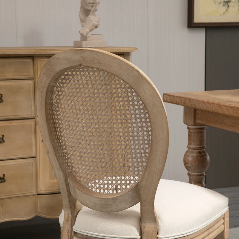HOMCOM Lot de 2 chaises de Salle à Manger - Chaise de Salon médaillon Style Louis XVI - Bois Massif sculpté, patiné - Dossier cannage - Aspect Lin Crème