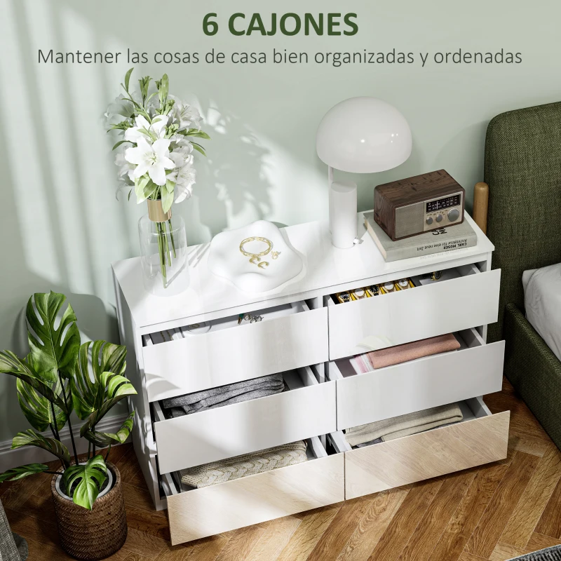 HOMCOM Cómoda con 6 Cajones Diseño Anti-vuelco Cajonera para Salón Pasillo 112x34x75 cm Blanco Brillante
