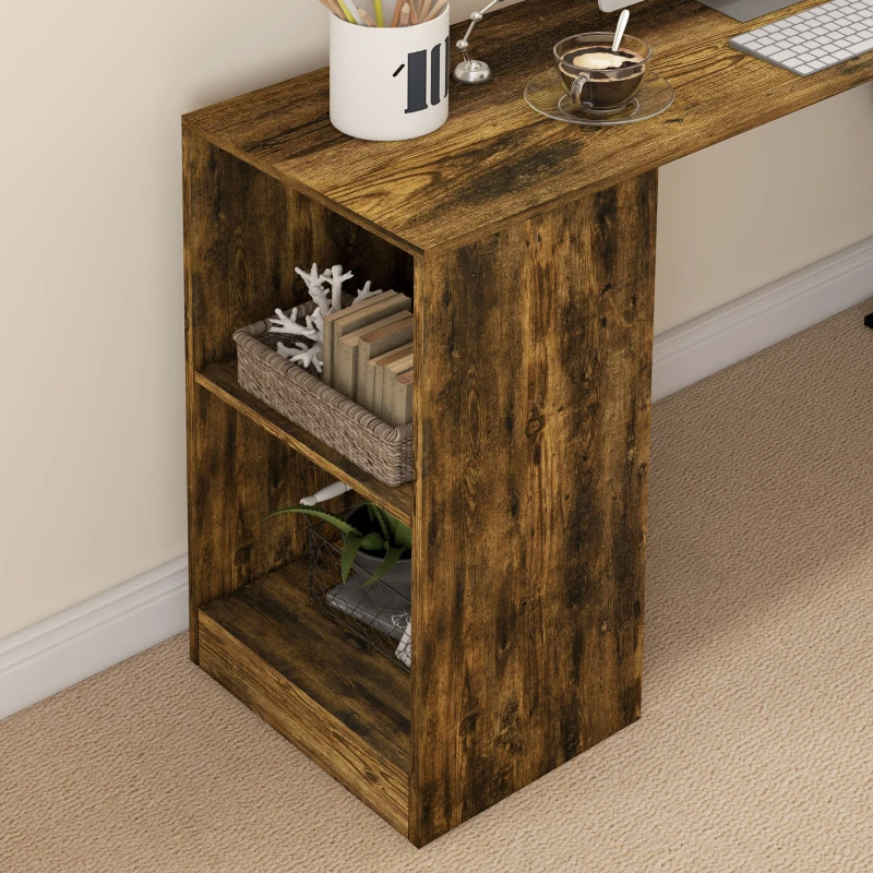 HOMCOM Scrivania Angolare Salvaspazio con Ripiano a S, in Legno, 140x120x78 cm, color Marrone e Nero