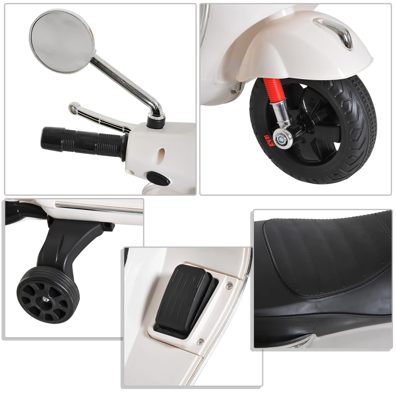 HOMCOM Vespa Scooter Moto électrique Enfants 6 V dim. 102L x 51l x 76H cm Musique MP3 Port USB klaxon Phare feu AR Blanc