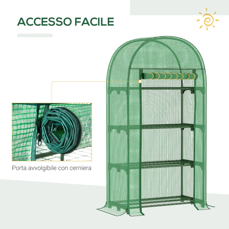 Outsunny Serra da Giardino con Ripiani in Metallo, Copertura in PE e Porta Avvolgibile 80x49x160cm, Verde