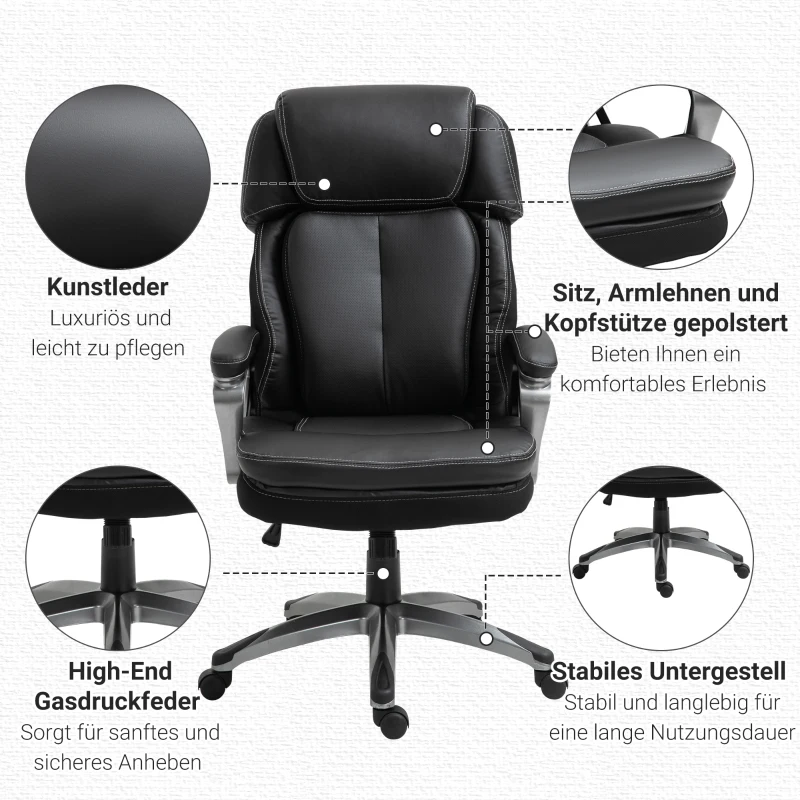 Vinsetto Bürostuhl Computerstuhl mit Wippenfunktion Kopfstütze ergonomischer Schreibtischstuhl drehbar höhenverstellbar Kunstleder Schwarz 68 x 76 x 117-125 cm