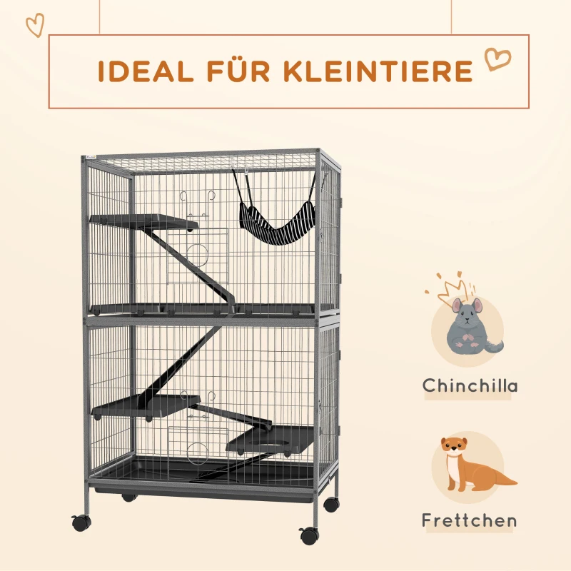 PawHut Kleintierkäfig mit Hängematte, Nagetierkäfig mit Rollen, 4-stöckiger Käfig, Metall, Kunststoff, 80 x 52 x 128 cm, Grau(m-4)