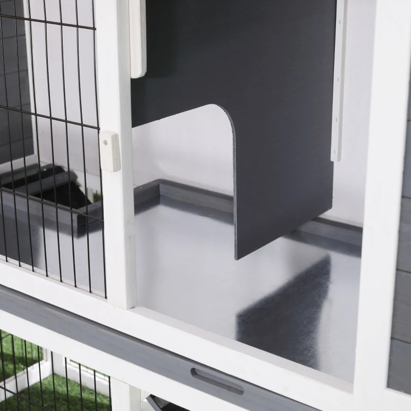 PawHut Conejera de Madera Exterior Jaula Elevada para 2 Conejos con Techo Asfáltico Corral de Metal Bandeja Extraíble Múltiples Puertas y Rampa 117x62,5x115 cm Gris