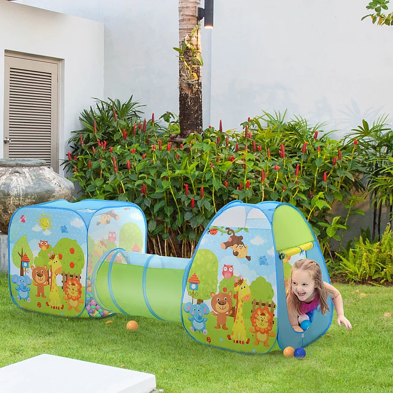 HOMCOM 3 in 1 Pop Up Tent Kids Playhouse Toddlers Crawl Tunnel Cute Drawing On Surfuce Indoor Outdoor Garden Use 230 x 74 x 93 cm